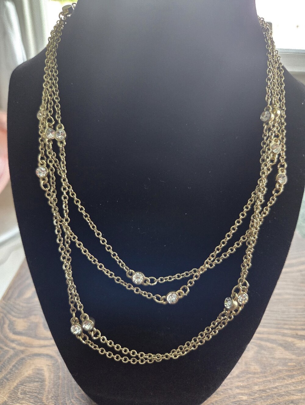 Multi-Strand Gold Tone Necklace with Clear‎ Crystal Accents